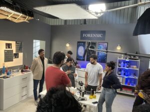 Denzong Films crew and cast running through a scene on a built set in Bangalore
